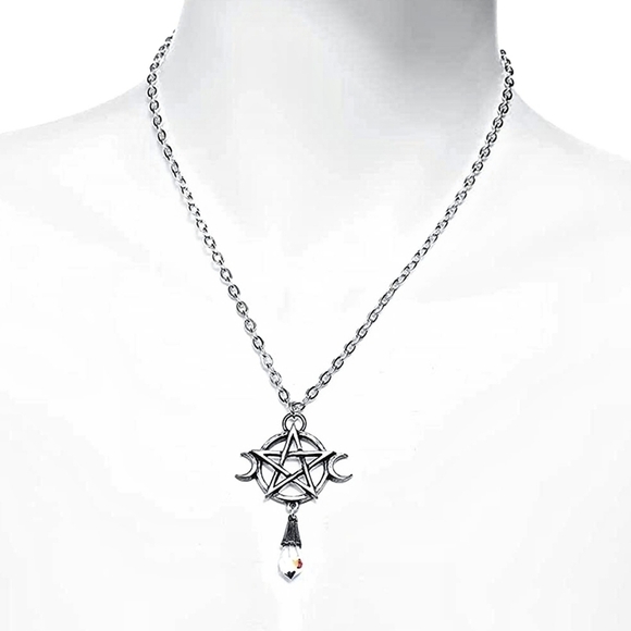 Alchemy Gothic ✦ Triple Goddess Pendant ✦ Pentagram Crystal Pewter Necklace 18" - Picture 6 of 12